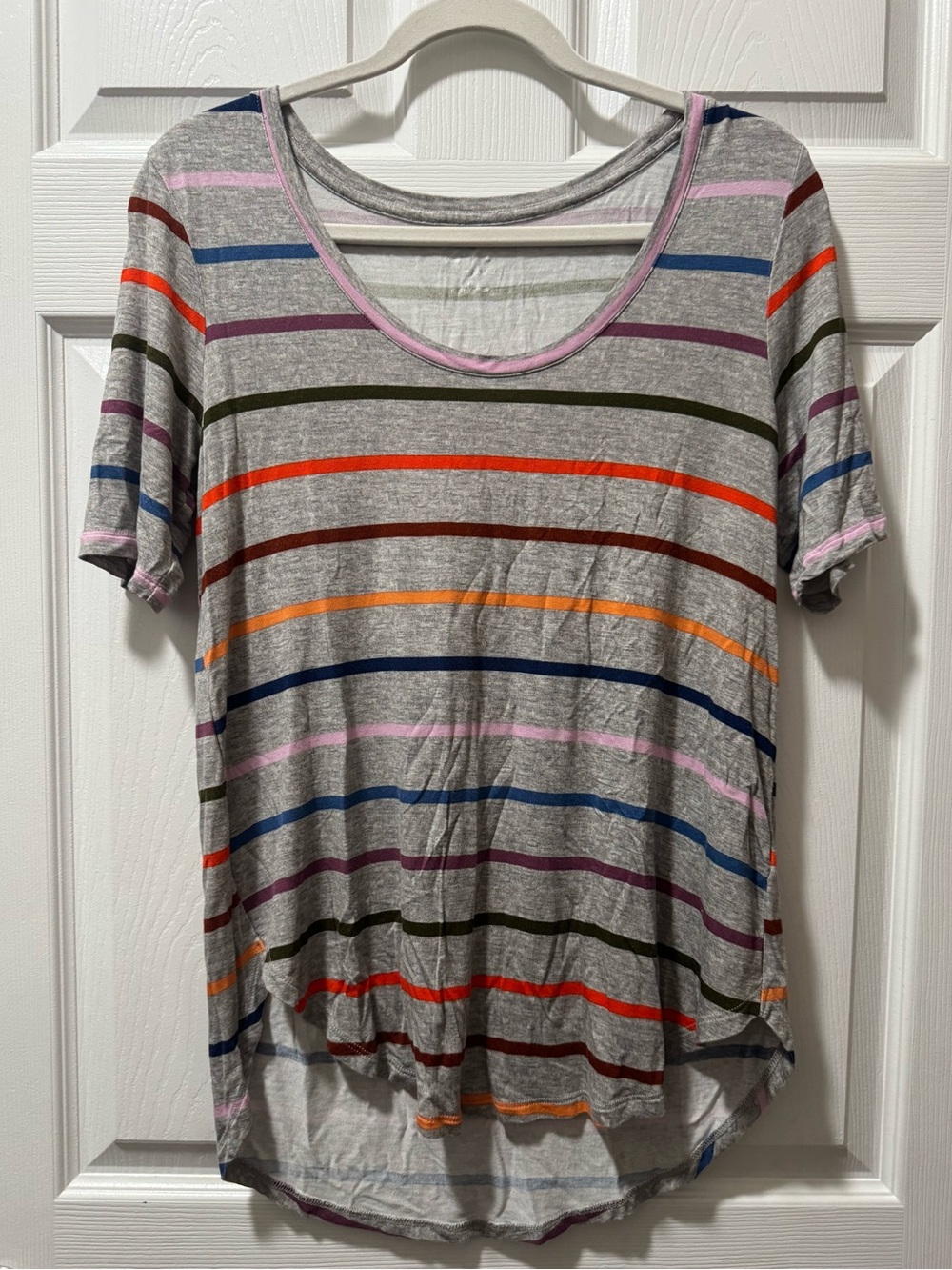 Maurices Gray Short Sleeve Tee with Multicolor Stripes